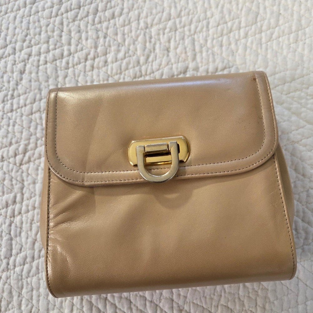 Frenchy of California Vintage Beige Leather Flip‎ Lock Clutch Bag Made in USA